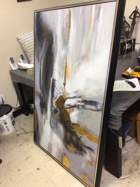 40" X 60" Framed Black & Gold Abstract Print On Canvas