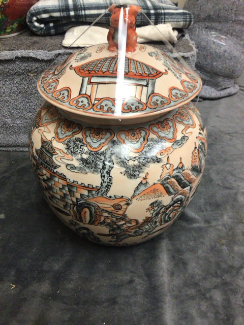 13 1/2" Ceramic Orange & Grey Asian Jar W/Lid