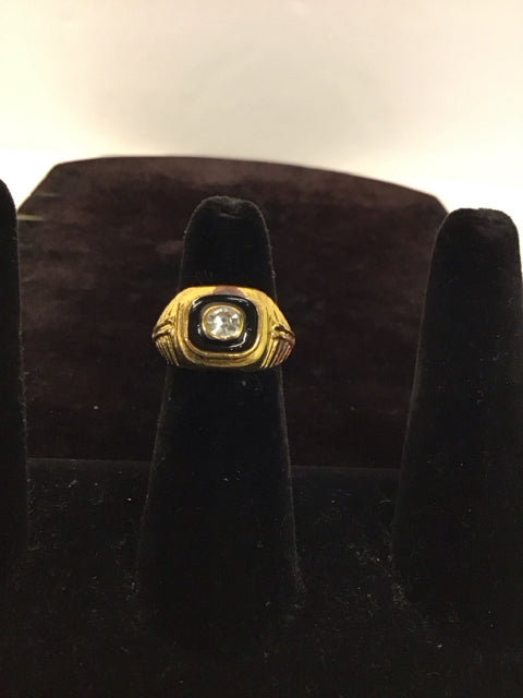 Men's Gold Ring w/Black Enamel & Rhinestones