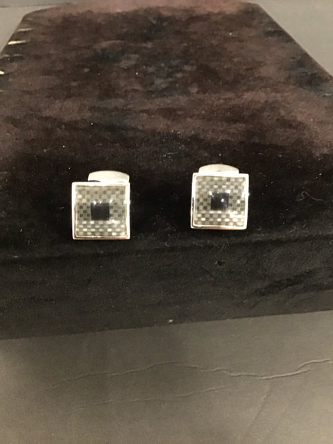 Silver Cufflinks w/Woven Carbon Fiber