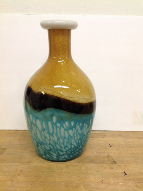 17" Art Deco Yellow/Blue/Brown Glass Vase