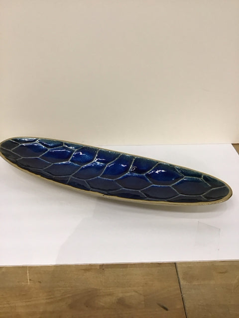 25" Gold Metal Tray w/Blue Enamel Honeycomb Design