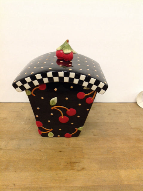 10" Black Ceramic Cookie Jar w/Cherries