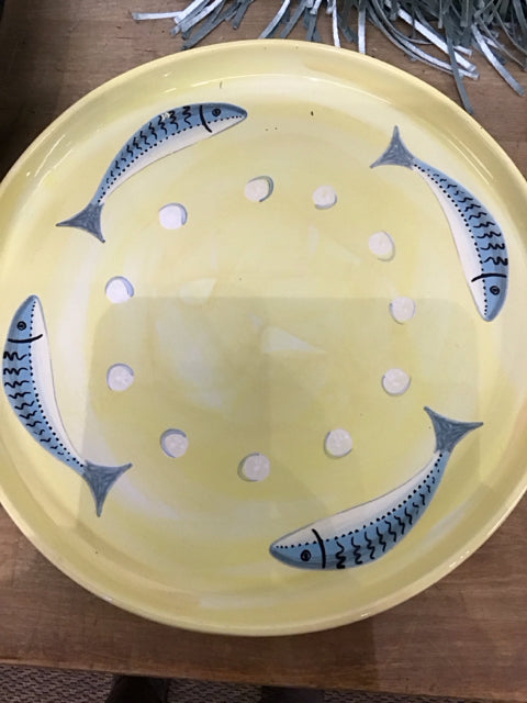 13" Round Yellow Blue Fish Ceramic Tray