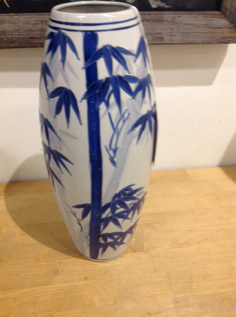 Vase- 13" Blue & White Ceramic Bamboo