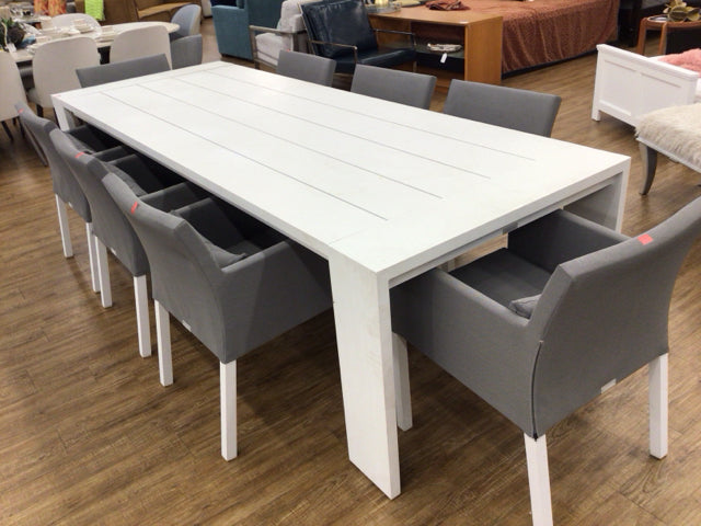 AS-IS 110" City Furniture Linear Dining Table W/8 Lisbon Gray Cushioned Chairs(T