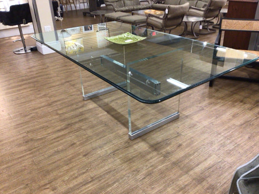 Mid Century Modern Brutalist Glass & Lucite Leg Dining Table