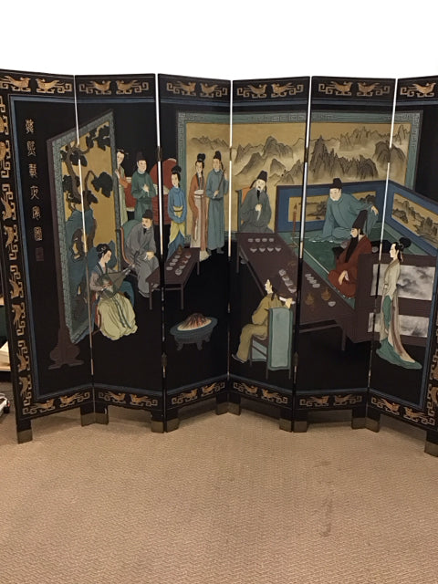 6-Panel Black Lacquer Painted Asian Screen
