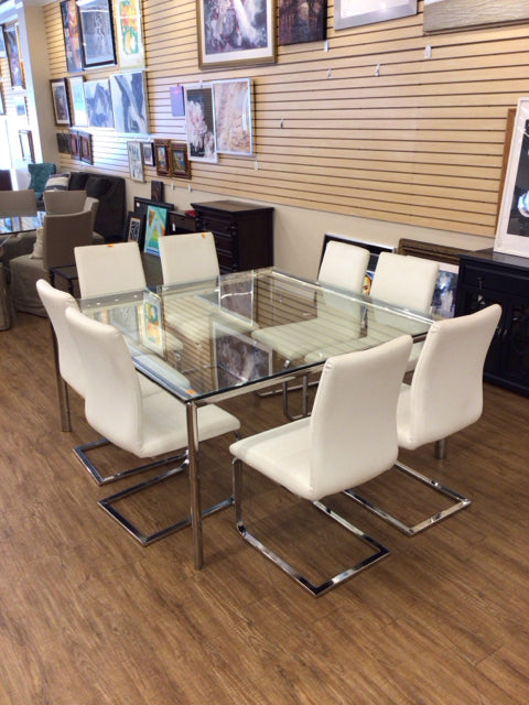 As-Is 59.5 Square Glass/Chrome Dining Table w 8 White Chairs