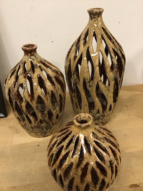 Set Of 3 Pacific Rim Ceramic Cut Out Candle Holders