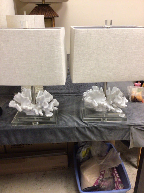 20 1/2" Pair Of Grey Coral Glass Base Table Lamps W/Shades