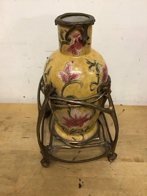 12" Casillian Foral Porcelain W/Brass Vase/Urn