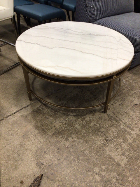 AS-IS 40" Round Marble Top Metal Base Coffee Table(Ring Mark/Scratches)