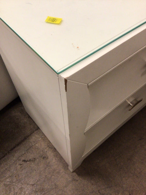 26" X 14 1/2" AS-IS Glass Top Two Drawer White Nightstand(Chip/Knick)