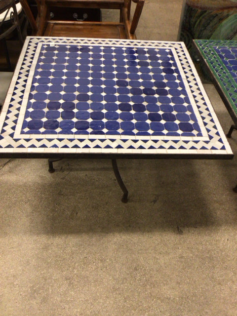 AS-IS 29 1/2" Square Blue & White Tile Top Metal Base End Table(Metal Flaking)