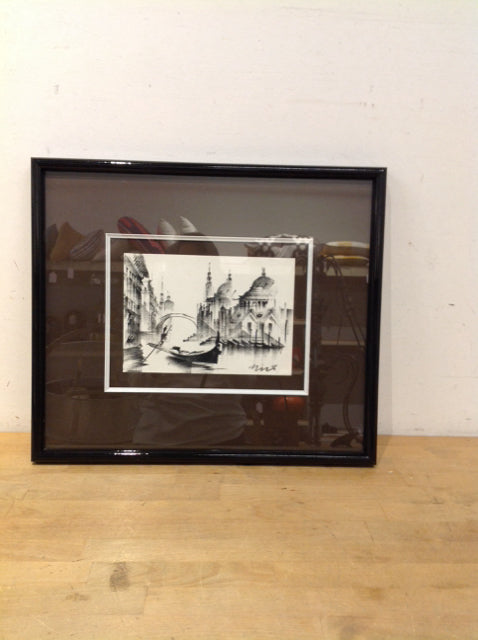 20"x17" Framed Futurist Venice Cityscape Charcoal on Paper