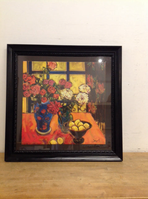 38" Square Framed "Roses in Vase" by Jae Dougall