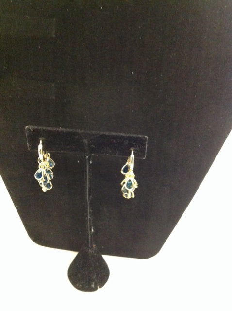 Gold Earrings w/Dangling Blue Crystals