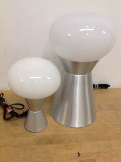 Set Of 2 Silver Metal White Glass Ball Lamps