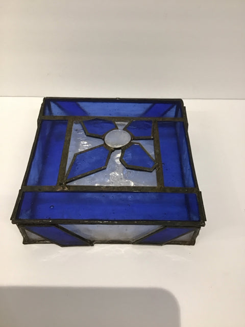 8"Sq Blue/Clear Glass & Metal Box