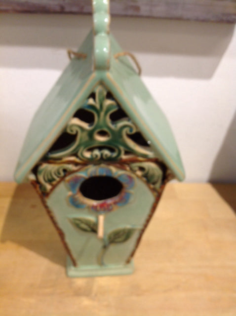 12" Green Ceramic Bird House