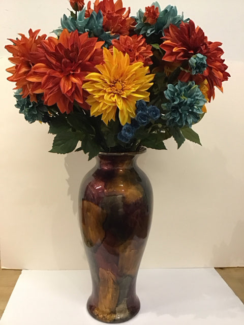 Silk Dahlias in Flambe Glazed Ceramic Vase