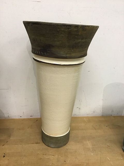 21" Cream & Brown Cylindrical Shape Pottery Vase
