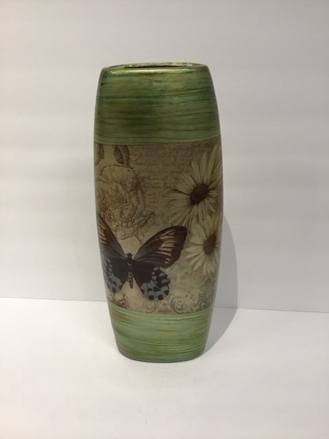 15" Green Painted Ceramic Vase w/Butterflies
