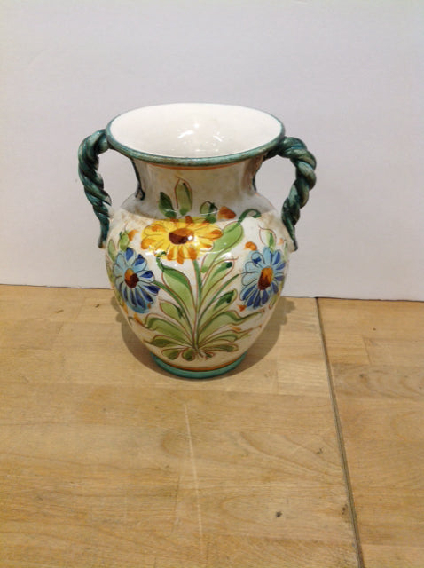 8" Painted Flower Ceramic Vase w/Handles