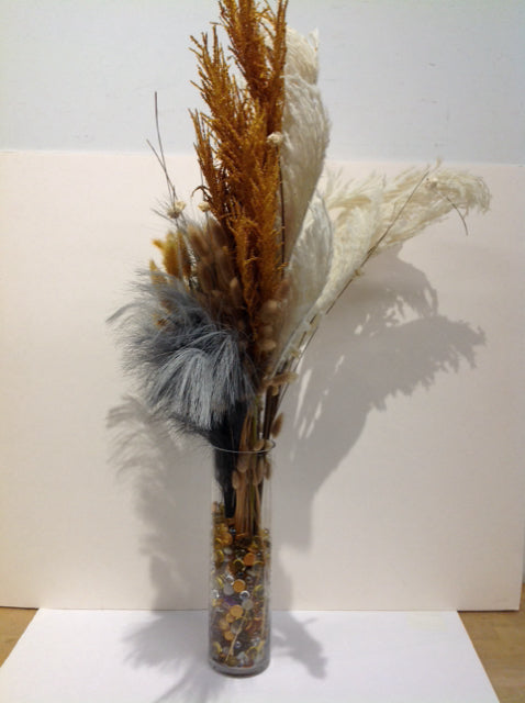 14" Glass Vase w/Pampas Grass & Stones