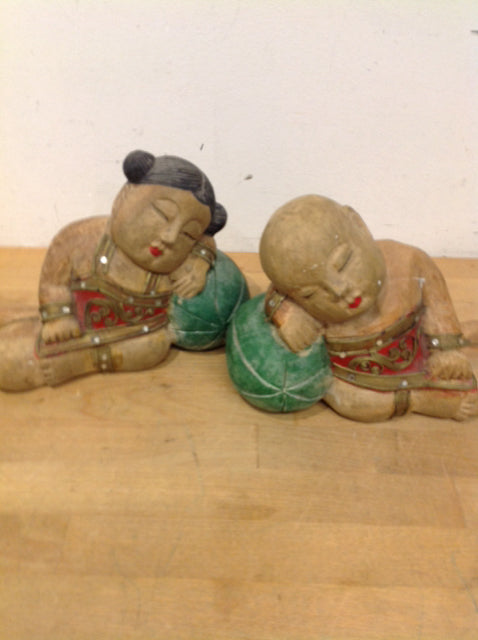 Pair Of Wood Asian Boy & Girl Statues