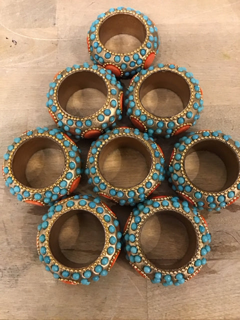 Set Of 8 Turquoise/Orange Beaded Napkin Rings