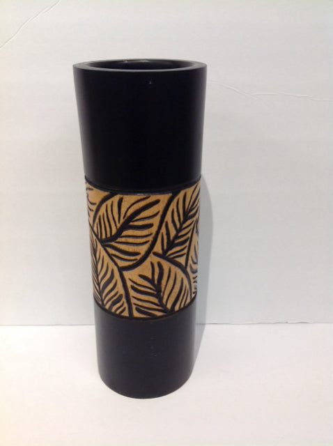 15" Black Wood Vase w/Carved Leaves
