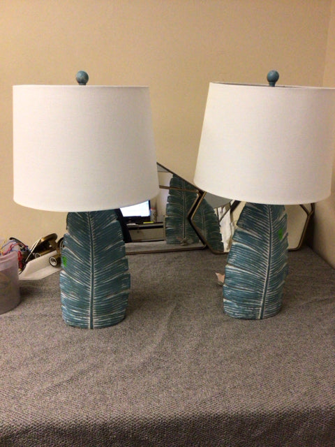 Pair Of Blue Palm Table Lamps W/Shades