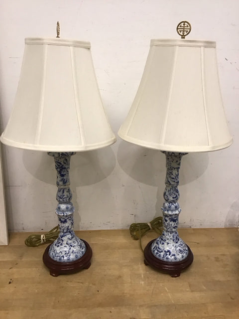 Pair Of 28" Blue & White Floral Ceramic Wood Base Lamps
