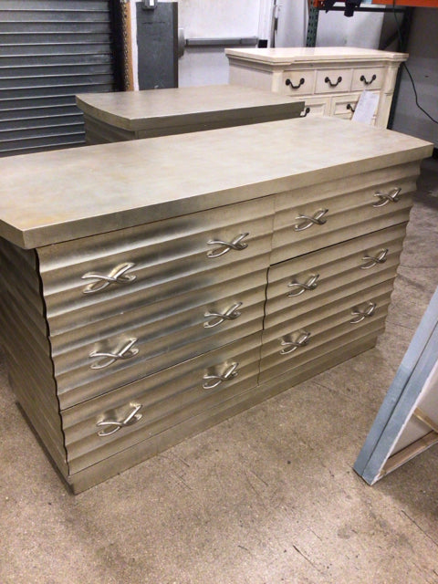 AS-IS Scalloped Antique Silver Leaf Six Drawer Dresser(Top Damage/Chips On Sides