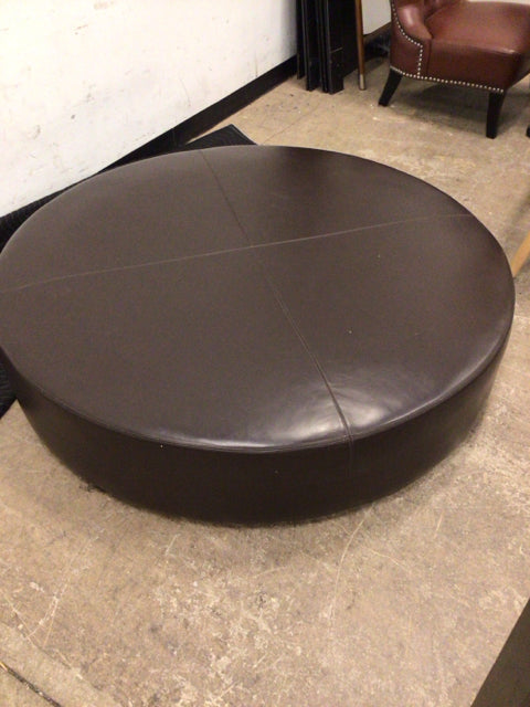 Large Round Brown Leather Low Profile Ottoman