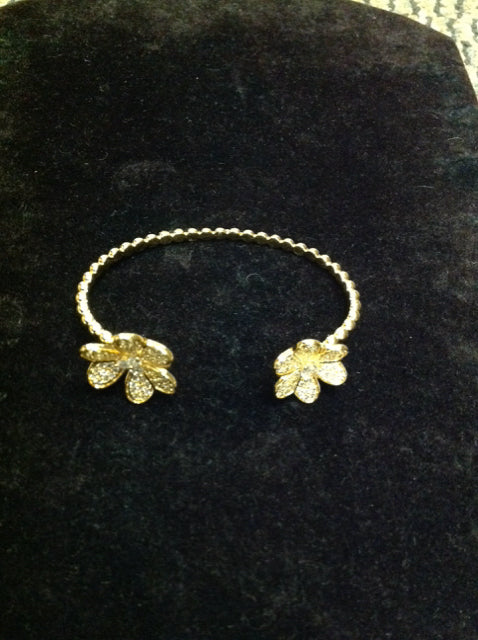 Gold Cuff Bracelet w/Rhinestone Flowers