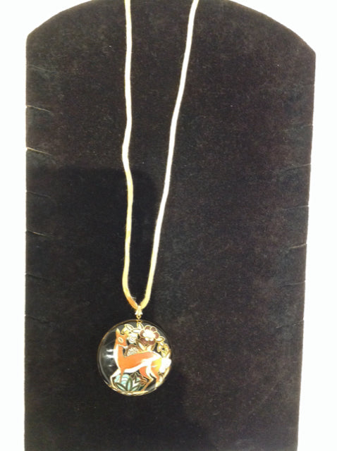 Gold Satin String Necklace w/Deer Cloisonne Pendant