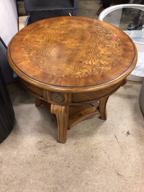 Round Wood & Rattan End Table