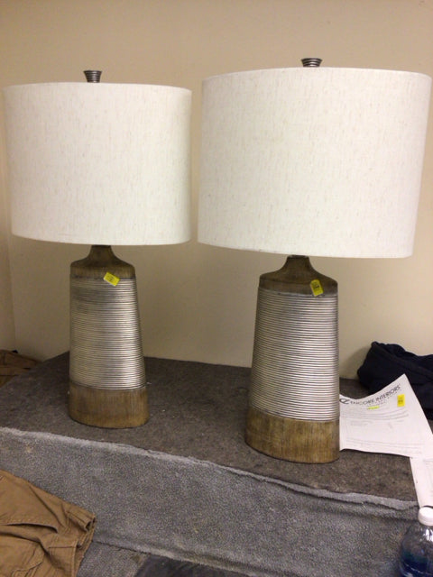 29" Pair Of Silver Ribbed Table Lamps W/Shades