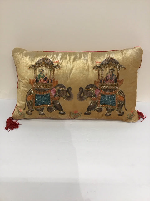 Gold Velour Pillow w/Beaded Elephants & Tassels