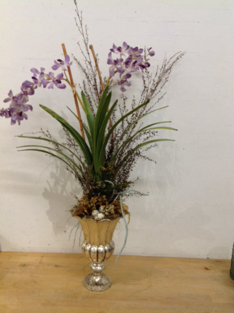 30" Orchids Hydrangeas w/Silver Metal Vase