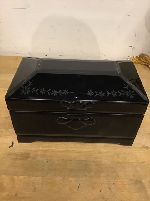 11"x5.5" Black Etched Glass Jewelry Box As Is