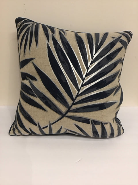 Blue & Silver Linen Pillow w/Palm Leaf Print
