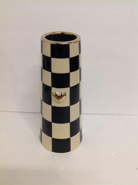 Black White Checkered Ceramic Vase w/Gold Accents