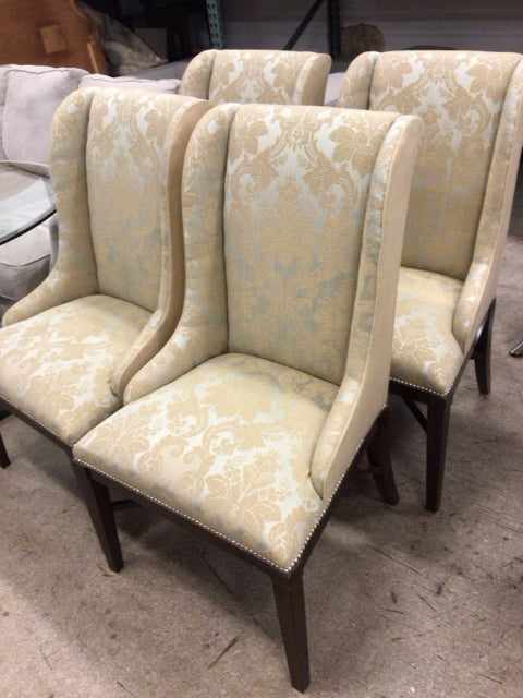 Set Of 4 Gold Fabric High Back Wood Leg Dining Chairs