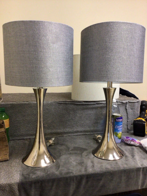 24" Pair Of Chrome Table Lamps W/Silver Shades