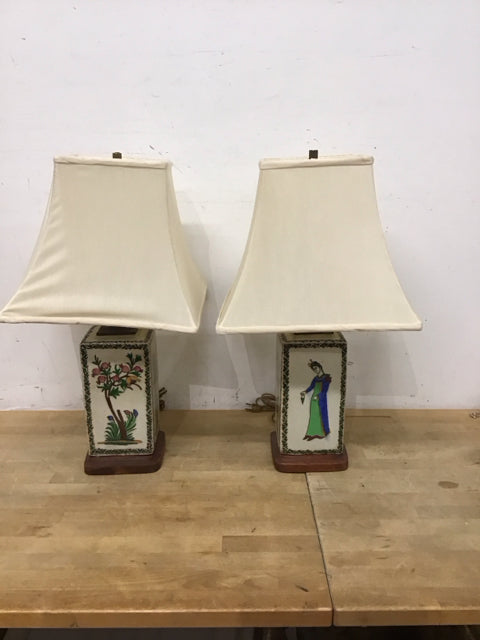Pair Painted Oriental Crackled Canister Lamps