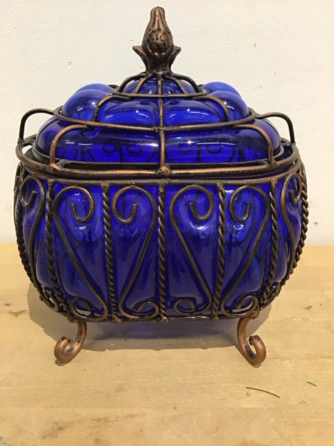 9" Cobalt Blue Glass Caged Metal Lidded Bowl